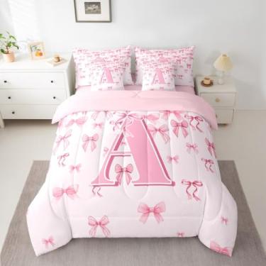 Imagem de jejeloiu Conjunto de edredom com laço rosa para meninas, 7 peças, Queen, com laço fofo, para crianças, meninos, meninas, cama em uma bolsa, monograma, decoração de quarto, laços coquette, microfibra