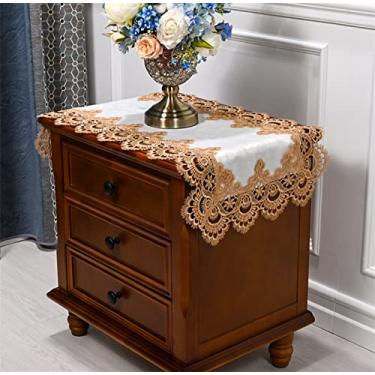 Imagem de Utobanh Toalha de mesa de cabeceira de renda toalha de mesa de café americana capa de toalha de mesa de café capa de toalha de máquina de lavar roupa de geladeira (39,9 x 79,8 cm, renda amarelo-marrom