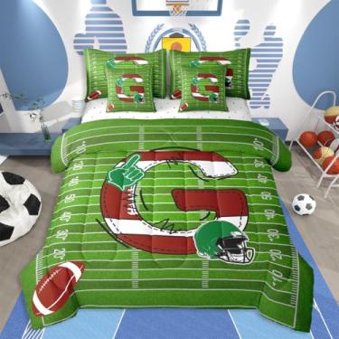 Imagem de jejeloiu Conjunto de edredom de futebol americano com 7 peças, presentes inspiradores de tamanho casal para amantes de futebol, conjunto de cama para crianças, meninos, meninas, letra G em uma bolsa