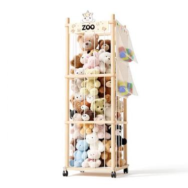 Imagem de Armazenamento de animais de pelúcia, organizador de brinquedos com rodas, madeira natural
