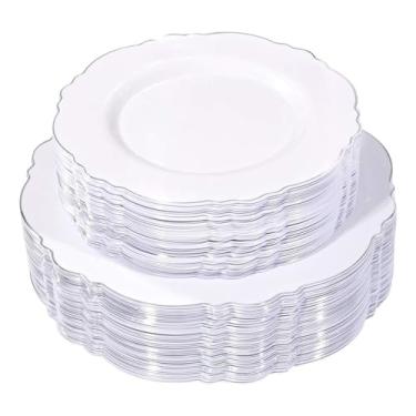 Imagem de WDF 100 peças Pratos de Plástico Prata – Pratos Barrocos Branco e Prata descartáveis para festas de luxo e casamentos – incluindo 50 pratos de jantar de plástico 26 cm, 50 pratos de salada 19 cm