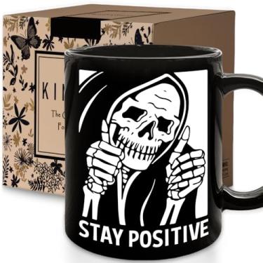 Imagem de Caneca de caveira Stay Positive, caneca de café motivacional presentes para melhor amiga, irmã, tia, melhor amiga, presente de esqueleto para homens e mulheres, aniversário, fique bem logo, simpatia