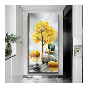 Imagem de 1 peça de arte de parede em tela de árvore dourada e animais cervos pôsteres e impressões imagens de parede para sala de estar decoração de casa nórdica - (55 x 110 cm) moldura interna de 22 x 43