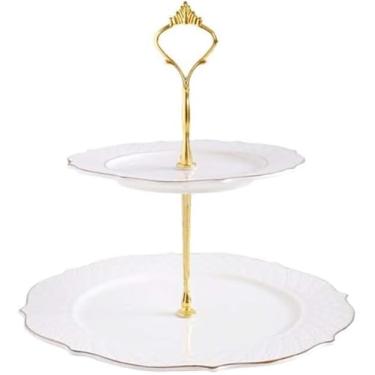 Imagem de Prato de frutas de cerâmica de camada dupla, prato de bolo de sobremesa, suporte de bolo, novo, casamento, Natal, banquete (tamanho: 20 cm x 23,5 cm) (uma cor 25,4 cm x 23,5 cm) (uma cor 25,4 cm x