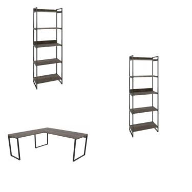 Imagem de Escritório Completo com Mesa de Escritório em L e 2 Estantes Multiuso 5 Prateleiras Espresso Móveis Carvalho Dark/preto