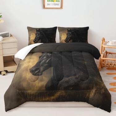 Imagem de AILONEN Conjunto de edredom de cavalo preto legal para meninos, tamanho Queen, cavalo galopante, 3 peças, para crianças, adolescentes e adultos, colcha de animais selvagens 3D com 2 fronhas