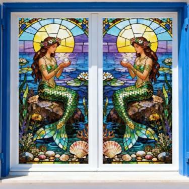 Imagem de ANATTASOUL Adesivos de janela estática sereias e corais, 1 folha de decalques reutilizáveis para vidro, 120 cm x 30 cm, adesivo de janela dupla face removível para quarto, escritório, decoração de