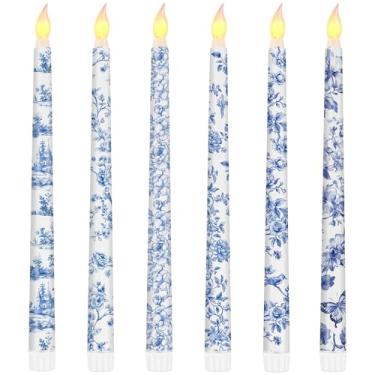 Imagem de 12 velas chinoiserie sem chama, velas cônicas florais de 27 cm, azul e branco, para decoração de vela para mesa de casamento, centro de mesa, jardim, casa, festa, suprimentos (Chinoiserie, 6)