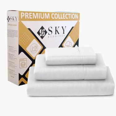 Imagem de SKY BEDDINGS Jogo de lençóis 100% algodão, solteiro, GG, 3 peças - 400 fios de cetim, resfriamento, hotel luxuoso com bolsos profundos, lençol solteiro extra longo para dormitório - branco
