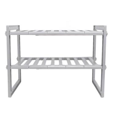 Imagem de Organizador sob a pia Rack de armazenamento ajustável e resistente de aço inoxidável de 2 camadas para cozinha Banheiro Organizador de armazenamento sob o balcão Plástico aço (Cinza)