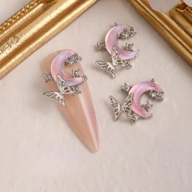Imagem de Amuletos de unhas de lua e borboleta, 10 peças de decoração de arte de unha de liga para unhas de pressão, fabricação de joias e enfeites artesanais (rosa)