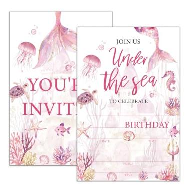 Imagem de Moonle Convites de festa de aniversário sob o mar, convites de aniversário de sereia de animais do oceano para meninos e meninas, 20 cartões de convite com envelopes, decorações de festa sob o mar