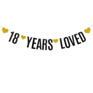 Imagem de 18 YEARS LOVED Banner, faixa de papel com glitter preto para suprimentos de decorações de festa de aniversário de 18 anos/casamento, pré-amarrado, sem necessidade de montagem, letras pretas