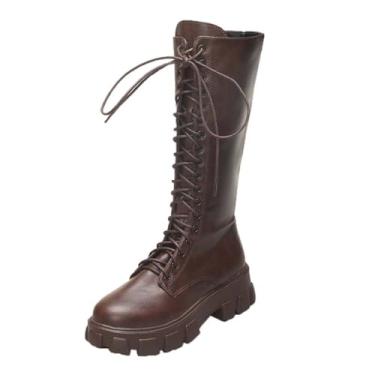 Imagem de Botas femininas de cano alto com sola grossa com cadarço, design elegante para inverno e roupas casuais, Marrom, 36