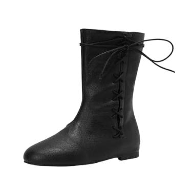 Imagem de Botas femininas ocidentais bico redondo cadarço salto baixo outono inverno casual moda versátil confortável, Preto, 36