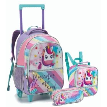 Imagem de Kit Mochila Infantil 16 + Estojo + Lancheira Unicórnio Pop - Dlx