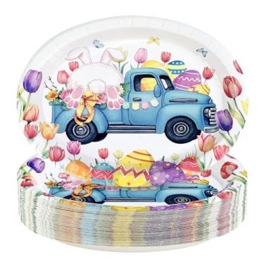 Imagem de 50 peças, pratos ovais de papel Happy Easter 25,4 cm x 30,5 cm, grandes, descartáveis, resistentes e resistentes, com bandejas de papel de caminhão, pratos de sobremesa para chá de bebê na primavera