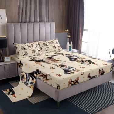 Imagem de Manfei Jogo de lençol solteiro fofo de pastor alemão, estampa de patas de cachorro, decoração de quarto de meninos e meninas, animal de estimação, marrom bege, 3 peças (elástico + 1 fronha)