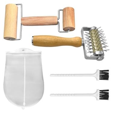 Imagem de Rolo de encaixe de massa de 5 peças, rolo de aço inoxidável com rolo de massa de madeira, saco de silicone para amassar, 2 escovas de limpeza para massa de pizza, biscoito, pastelaria, pão