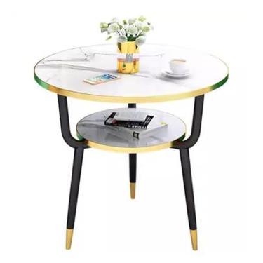 Imagem de Mesa de jantar redonda com prateleira de armazenamento, mesa de cozinha moderna para 2 a 3 pessoas, mesa lateral com mesa HDF e pernas de metal, mesa de centro para café/bar, cozinha, jantar