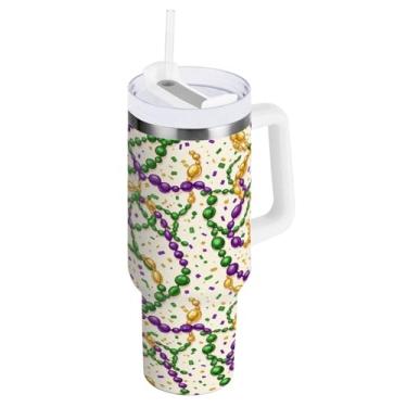Imagem de Blueangle Copo isolado com cordão de contas de carnaval de 850 g com alça e tampa de palha, caneca de viagem reutilizável de aço inoxidável (528)