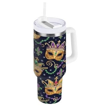Imagem de Blueangle Copo isolado para Mardi Gras de 1,134 g com alça e tampa de palha, caneca de viagem reutilizável de aço inoxidável (419)