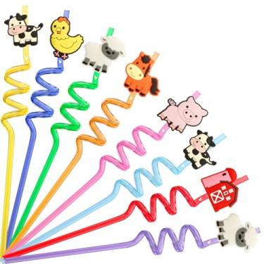 Imagem de NIEITRK 8 canudos divertidos com tema de animais de fazenda, canudos de festa de celeiro para decorações de aniversário, lembrancinhas de festa pastoral e sacos de brindes, suprimentos temáticos de