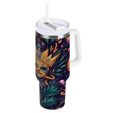 Imagem de Blueangle Copo isolado de máscara colorida de carnaval de 850 g com alça e tampa de palha, caneca de viagem reutilizável de aço inoxidável (180)