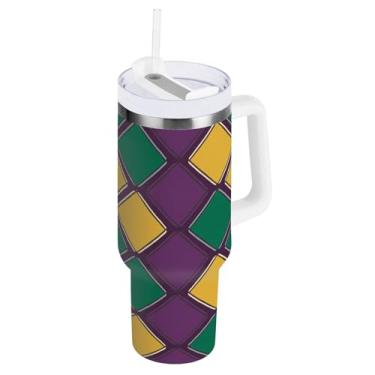 Imagem de Blueangle Copo isolado Mardi Gras Argyle de 1,134 g com alça e tampa de palha, caneca de viagem reutilizável de aço inoxidável (503)