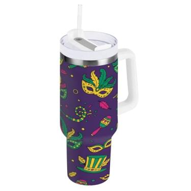 Imagem de Blueangle Copo isolado de máscara de carnaval de 1,134 g com alça e tampa de palha, caneca de viagem reutilizável de aço inoxidável (695)