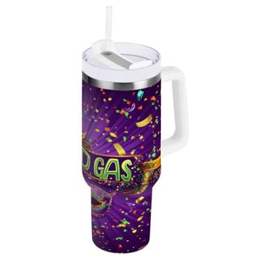 Imagem de Blueangle Copo isolado de máscara de carnaval de 850 g com alça e tampa de palha, caneca de viagem reutilizável de aço inoxidável (405)