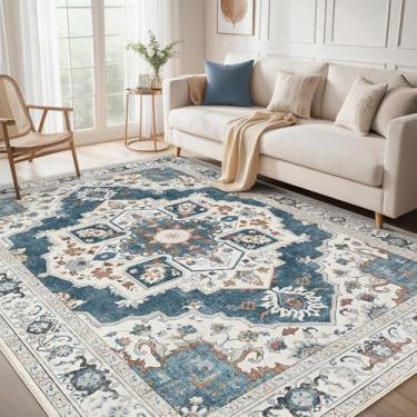 Imagem de Micgeek Tapete lavável 7x9: Vintage neutro macio antiderrapante fino tapete grande para sala de estar, quarto, cozinha, sala de jantar, casa, escritório, casa de fazenda, interior - azul