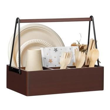 Imagem de PTSTING Organizador de talheres com alça, suporte de utensílios de madeira de acácia, dispensador de pratos de papel para bancada, talheres, garfos, pratos, copos, guardanapos