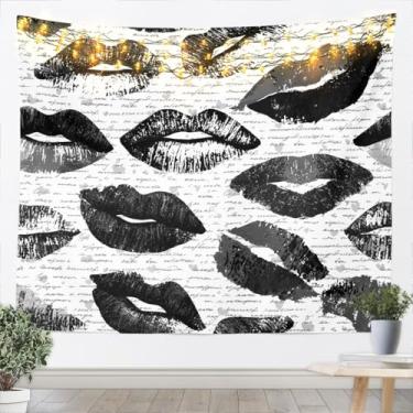 Imagem de jejeloiu Tapeçaria Black Kiss para crianças, meninos, meninas, feminino, lábios vermelhos, arte de parede, média, 150 x 150 cm, estampa de batom, cobertor para pendurar na parede, decoração de quarto