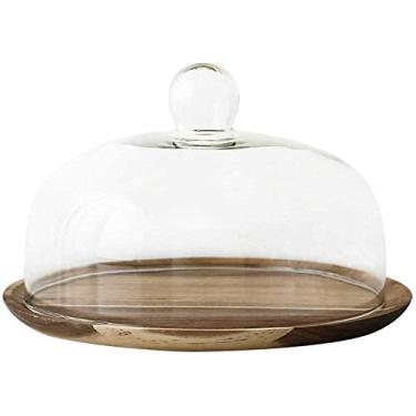 Imagem de Suporte de bolo com tampa, bandeja de madeira com uma cúpula, bandeja de pastelaria de chá da tarde cúpula de vidro para loja de bolos de cozinha redonda, bandeja de servidor de sobremesa (tamanho