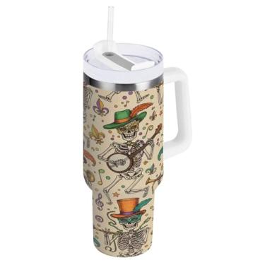 Imagem de Blueangle Copo térmico de 1,134 g carnaval caveiras com alça e tampa de palha, caneca de viagem reutilizável de aço inoxidável (806)