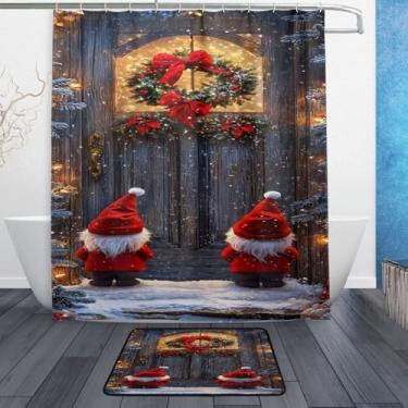 Imagem de xigua Gnomos de Natal fofos conjuntos de tapetes de cortina de banho 2 peças, conjunto de tema de banheiro (152 x 182 cm) com cortina de chuveiro e tapete antiderrapante -12 ganchos452