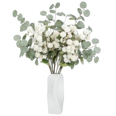 Imagem de Ovveroche 5 hortênsias brancas com 80 cabeças de flores, 3 flores artificiais de eucalipto para vaso de mesa de fazenda moderna para decoração de casa, cozinha, sala de estar
