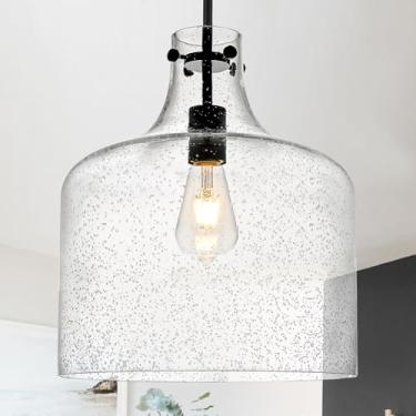 Imagem de CATINER Luminária pendente de vidro semeado preto de 30,5 cm, luminária de teto moderna para ilha de cozinha, sala de jantar, corredor, sombra de vidro bolha soprada à mão, iluminação pendente