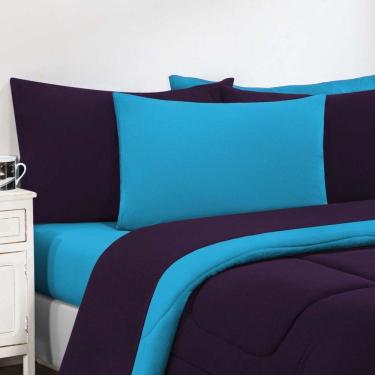 Imagem de Kit Edredom + Jogo De Lençol Malha 100% Algodão Gran Moratta 6 Peças King - Roxo -azul Turquesa