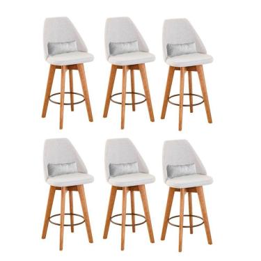 Imagem de Kit 06 Banquetas Alta Maya Giratória Com Encosto Linho Bege Claro e Almofada Corino Branco - Aurora Line
