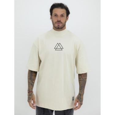 Imagem de Camiseta Camisa Oversized Gola Alta Estampa Triângulo Streetwear Algodão Premium Creme-Masculino