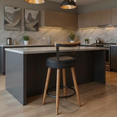 Imagem de Banqueta Alta Cozinha 70cm Encosto Pé Madeira Kyara Pu Preto S02 - D'Rossi