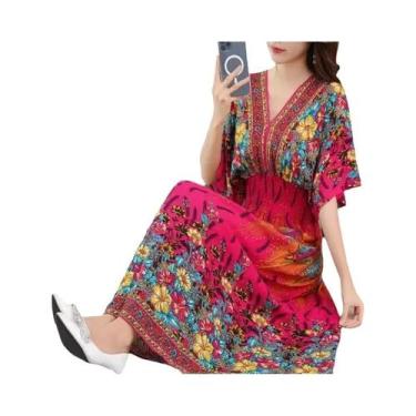 Imagem de Vestido Midi Vintage Boêmio Floral Para Mulheres Com Decote Em V E Cin