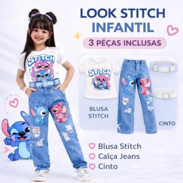 Imagem de Conjunto Stitch Infantil Feminino 3 Peças Calça Jeans Blogueirinha Blu