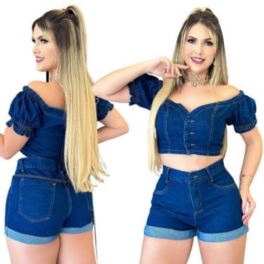 Imagem de Conjunto Feminino Jeans Escuro Short e Blusa Modelo Premium - Atacado 