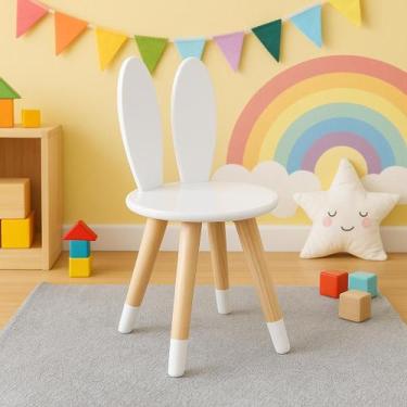 Imagem de Cadeira Infantil Orelha Coelho Pés em Madeira e Assento MDF Cor:Branco