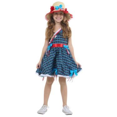 Imagem de Vestido Festa Junina Infantil Xadrez Azul com Laços e Chapéu - Sulamer
