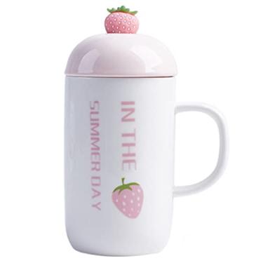 Imagem de seelucky Caneca de morango rosa com tampa de colher copo de leite de desenho animado infantil estilo nórdico xícara de café de cerâmica xícara de chá presente escritório casa (morango dia de verão, 450 ml)