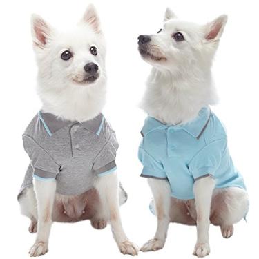 Imagem de Pacote com 2 camisetas polo para cachorro Blueberry Pet Back to Basic de algodão em azul celeste e cinza claro, comprimento das costas 30,48 cm, roupas para cães